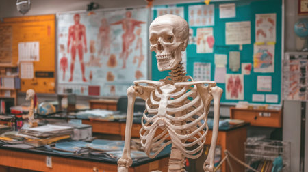 A detailed skeleton model is showcased in a vibrant classroom filled with anatomy posters and various lab equipment, creating an engaging learning environment for students.の素材
