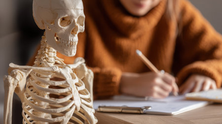 A detailed skeleton model stands prominently as a student writes notes, illustrating a cozy study environment that highlights the importance of anatomy in education.の素材