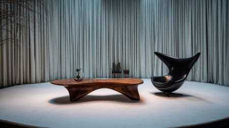 A striking living room scene featuring an organic-shaped wooden coffee table and a sculptural black chair, accented by soft natural lighting and elegant draped fabric, creating a stylish ambiance.の素材