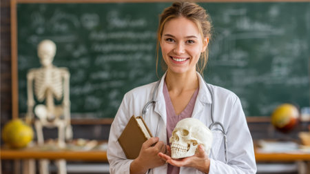 A young female medical student smiles while holding a skull and textbook in a classroom, emphasizing learning and engagement in anatomy and health education.の素材