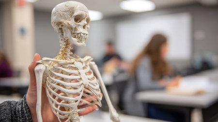 A classroom scene featuring a realistic human skeleton model held by a student, emphasizing anatomy education with engaged learners in the background, promoting active learning.の素材