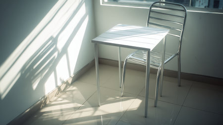 A minimalist modern table and chair bathed in sunlight, casting soft shadows that enhance the serene atmosphere, perfect for contemporary spaces and home decor inspiration.の素材