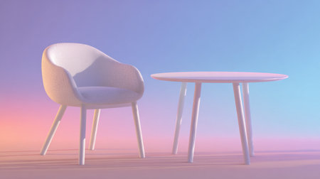 A stylish chair and table set depicted in soft pastel hues, creating a serene atmosphere that enhances any modern living space or interior design project.の素材