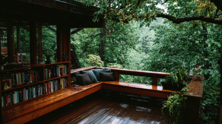 Enjoy a calming retreat on a wooden deck surrounded by vibrant greenery. Perfect for relaxation or reading while listening to the soothing sounds of rain.の素材