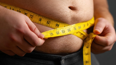 A person thoughtfully measuring their waist with a tape measure, illustrating the importance of health awareness and lifestyle choices in achieving individual fitness goals.の素材