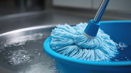 This image features a vibrant blue mop soaking in water, emphasizing household cleaning. The scene showcases the importance of cleanliness and routine maintenance in a modern kitchen setting.の素材