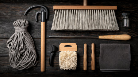This image features a collection of essential cleaning tools arranged aesthetically on a dark wooden surface, perfect for showcasing a tidy and organized living or workspace.の素材
