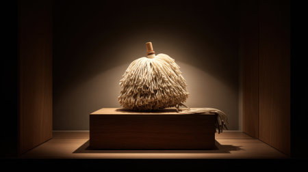 A unique traditional craft artifact is beautifully displayed in a dimly lit setting. The intricate textures and natural materials create an elegant simplicity, perfect for artistic presentations.の素材