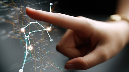 A detailed close-up of a human hand using a touchscreen to interact with a digital map interface, showcasing urban routes and navigation technology for planning and exploration.の素材