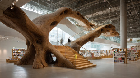 Explore a stunning library showcasing a striking wooden tree structure that invites creativity and tranquility, adorned with ample bookshelves and natural light.の素材