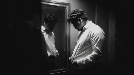 A thoughtful moment captured as a man adjusts his dress shirt before an important event, showcasing elegance and preparation in a dimly lit environment.の素材
