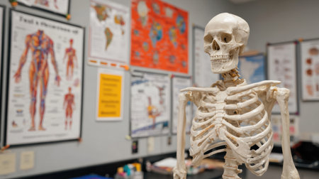 A detailed anatomical skeleton model stands prominently in a vibrant classroom filled with anatomy posters and educational charts, providing a rich learning environment for students.の素材
