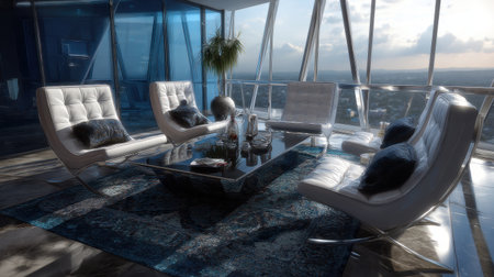 A sleek modern living room showcasing stylish furniture and expansive windows with a breathtaking view, creating a harmonious atmosphere of luxury and comfort.の素材