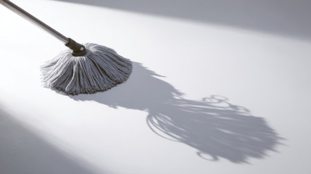A high-quality image of a mop creating a clean sweep effect, casting a dramatic shadow on a bright surface, ideal for cleaning concept visuals and home maintenance themes.の素材