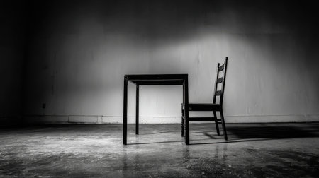 A striking minimalist composition featuring a black chair and table in an empty room, illuminated by soft light that casts dramatic shadows, inspiring reflection and solitude.の素材