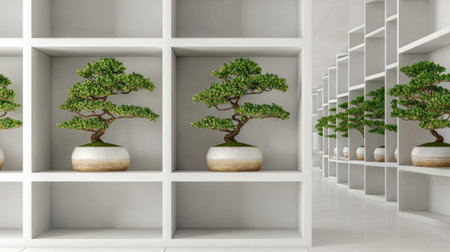 This image features stunning bonsai trees elegantly arranged in modern shelving, creating a calming and aesthetic interior space perfect for relaxation and inspiration.の素材