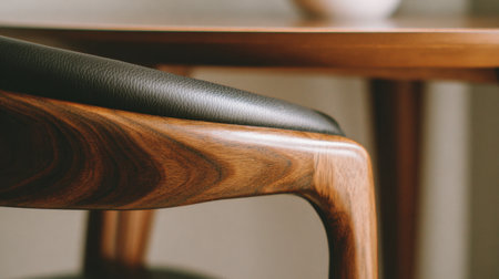 Captivating close-up of a sophisticated wooden chair featuring a sleek black leather accent, set against a minimalist table in a softly lit environment, showcasing elegant design.の素材
