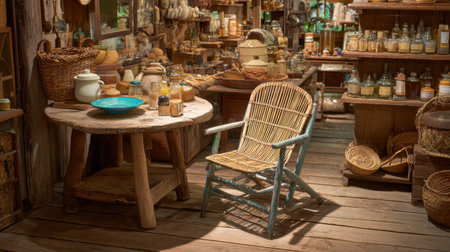 A serene view of a rustic country store interior featuring wooden furniture and filled with jars, creating a cozy and inviting atmosphere perfect for vintage lovers.の素材