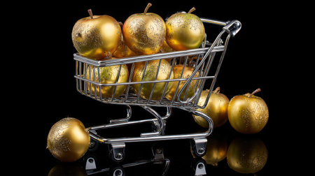 A stunning arrangement of shiny golden apples in a silver shopping cart, highlighting concepts of luxury, wealth, and abundance against a sleek black background. Perfect for marketing.の素材