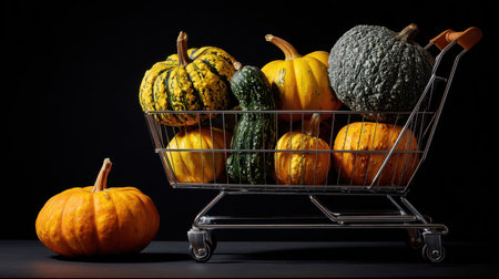 A striking image featuring vibrant pumpkins and gourds displayed in a metal shopping cart, set against a dark backdrop, perfect for fall-themed projects and seasonal marketing.の素材