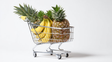 A shopping cart filled with fresh pineapples and bananas represents healthy eating and vibrant grocery shopping concepts in a minimalist setting. Perfect for food and lifestyle themes.の素材
