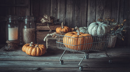 A beautiful autumn scene featuring a shopping cart filled with vibrant pumpkins, rustic wooden boxes, and cozy decor, perfect for seasonal styling and home decoration.の素材