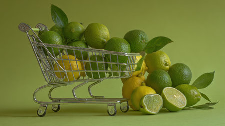 A vibrant arrangement of fresh citrus fruits including limes and lemons in a shopping cart against a soft green background, perfect for culinary, health, and grocery-themed projects.の素材
