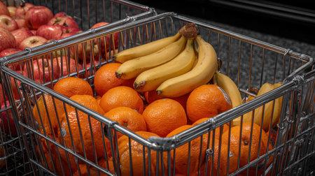 A vibrant display of fresh bananas and juicy oranges is captured in a metal basket, with red apples nearby, showcasing healthy grocery options in a supermarket environment.の素材
