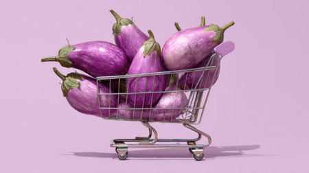 A vibrant collection of fresh purple eggplants sits in a metal shopping cart against a pastel pink background, representing healthy eating and the joys of grocery shopping.の素材