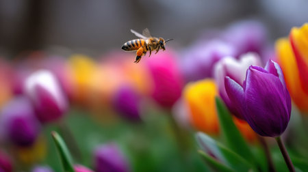 A stunning image of a honeybee in mid-air, elegantly hovering above a vibrant display of blooming tulips, highlighting the essential role of pollination in natureの素材