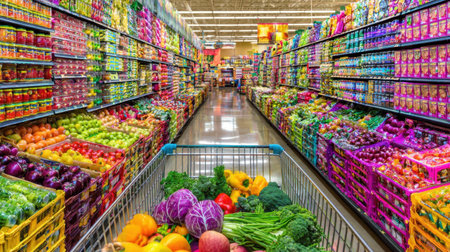 A vibrant grocery store aisle showcasing an array of colorful fruits and vegetables. A shopping cart filled with fresh produce invites healthier shopping choices.の素材