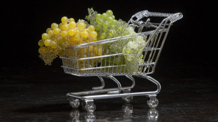 A small shopping cart displays fresh green and yellow grapes, representing a vibrant and healthy lifestyle. Perfect for food-related themes and grocery shopping concepts.の素材