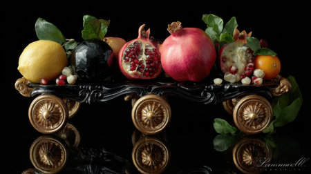 This artistic arrangement features a selection of vibrant fruits displayed on a beautifully crafted decorative cart, showcasing their rich colors and textures against a striking black background.の素材