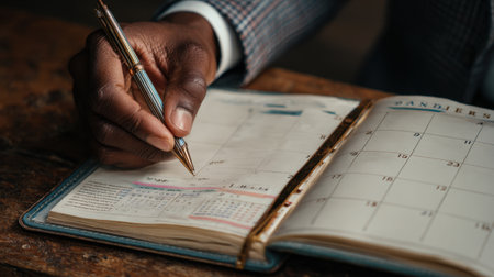 A detailed view of a hand writing in a stylish planner, emphasizing the importance of organization and productivity in everyday life. Perfect for concepts of planning and time management.の素材