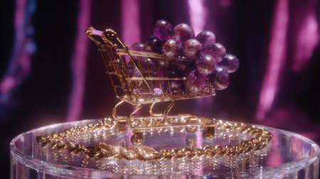 A stunning still life featuring a gold shopping cart filled with purple grapes, elegantly placed on a glass surface, showcasing luxury and modern design elements.の素材