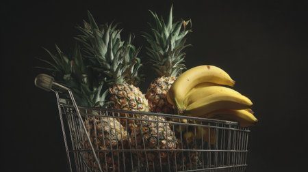 A vibrant arrangement of fresh pineapples and ripe bananas in a shopping cart, set against a dark background, perfect for themes of healthy eating, grocery shopping, and tropical flavors.の素材