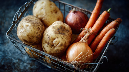 A rustic basket filled with fresh vegetables including potatoes, carrots, and onions. Perfect for showcasing organic farming and healthy culinary preparation for nutritious meals.の素材