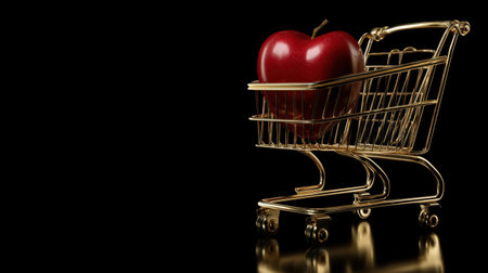 A luxurious golden shopping cart holds a vibrant red apple, set against a stark black background, portraying themes of healthy living and modern consumer choices.の素材
