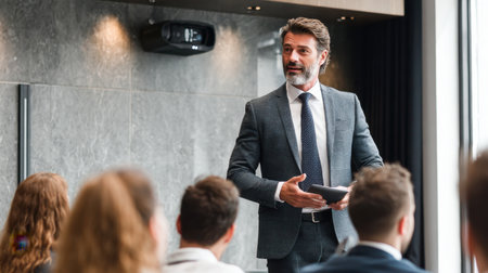 A professional businessman stands confidently in a modern conference room, delivering an engaging presentation to a focused audience, highlighting effective leadership and communication skills.の素材
