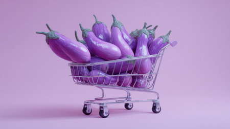 A visually appealing arrangement of vibrant purple eggplants in a stylish shopping cart, set against a soft pink background, ideal for food-related themes and culinary presentations.の素材