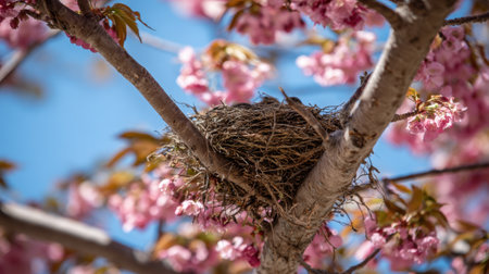 A beautiful image of a bird nest nestled among pink cherry blossoms, showcasing the harmony of nature during spring. A perfect representation of new life and tranquility.の素材