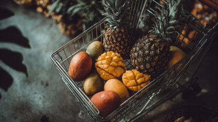 A vibrant cart filled with fresh tropical fruits, including pineapples and mangoes, captures the essence of a lively market scene, showcasing nature's bounty in exquisite detail.の素材