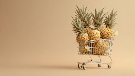 A vivid image featuring a shopping cart filled with ripe pineapples set against a soft background, ideal for health-oriented themes, grocery promotions, or culinary projects.の素材