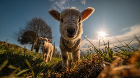 Bright and cheerful image of young lambs in a lush green field, capturing the essence of farm life and the beauty of nature under a sunny sky. Perfect for agricultural themes.の素材