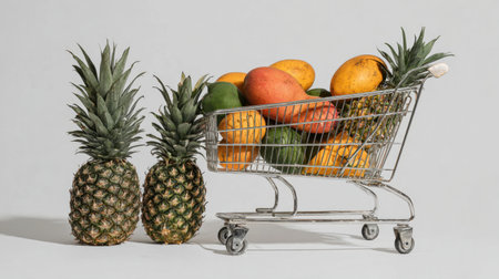A visually appealing arrangement of tropical fruits in a shopping cart, showcasing the vibrant colors and fresh appeal of healthy food choices against a neutral background.の素材