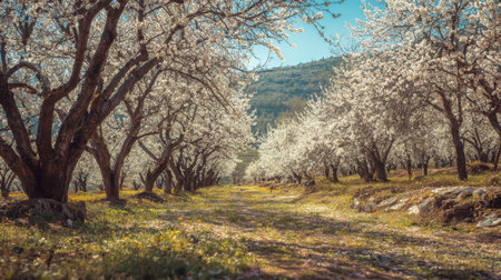 A picturesque view showcases a tranquil path winding through an orchard adorned with beautiful blossoms under clear skies, embodying the essence of a serene spring landscape.の素材