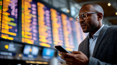 A focused man checks his smartphone at an airport terminal, surrounded by vibrant flight information displays in the background, capturing the essence of travel and connection.の素材