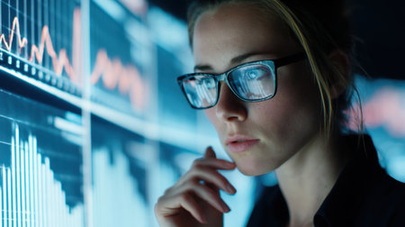 A professional woman deeply engaged in analyzing stock market data, surrounded by multiple screens displaying vibrant financial graphics and trends in a modern office space.の素材