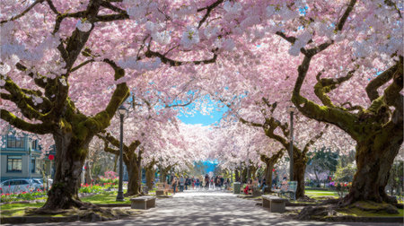 Experience the beauty of cherry blossom trees lining a serene pathway, inviting people to explore the vibrant blooms under a clear blue sky in the heart of spring.の素材