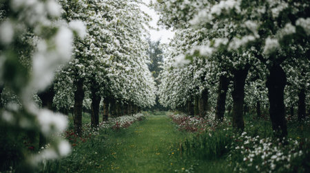 A stunning view of a peaceful orchard lined with blooming trees, creating a picturesque pathway that invites serenity and appreciation for the beauty of nature during springtime.の素材